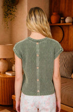 Acid Washed Tab Sleeve Back Button Knit Top