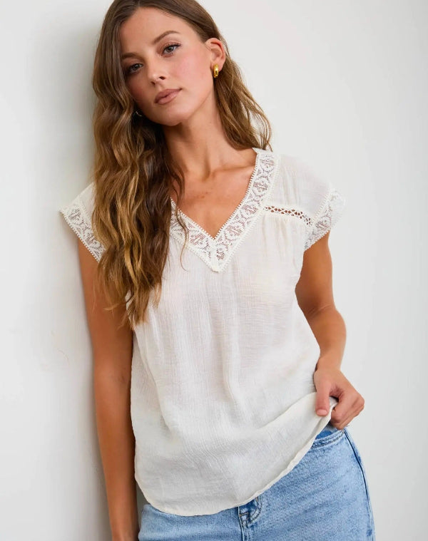 V Neck Lace Trim Cap Sleeve Top