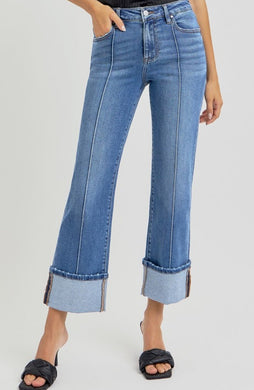 High Rise Ankle Straight Wide Cuffed Jeans