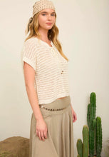 Lace Up Neckline Crochet Knit Short Sleeve Top