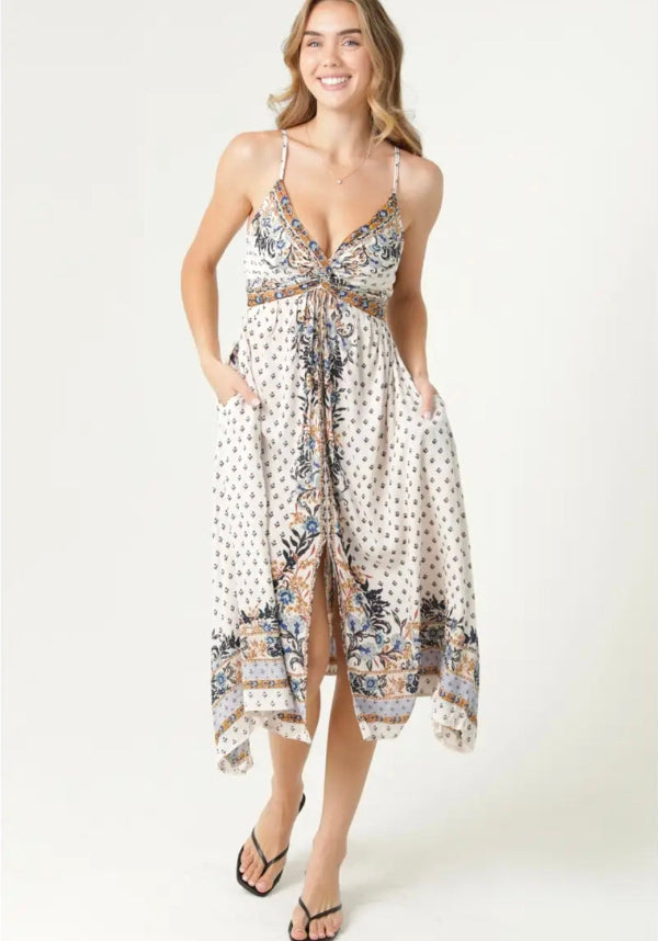 V Neck Twist Front Center Slit Midi Dress with Po