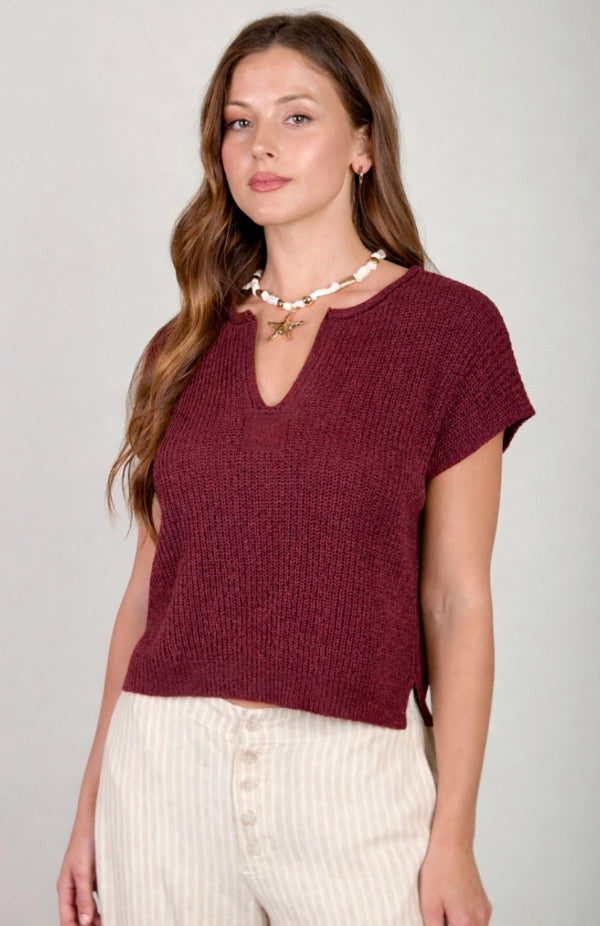 Split Neck Short Sleeve Knit Pullover