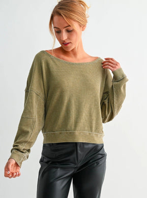 Raw Edge Waffle Knit Boatneck Pullover