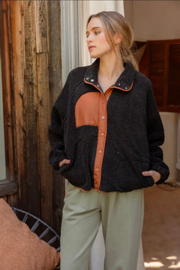 Colorblock Snap Button Down Fleece Jacket