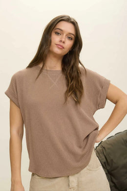 RIBBED CREW NECK SHORT CUFF SLEEVE KNIT TOP