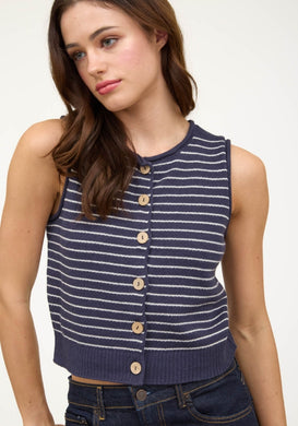 Stripe Raw Edge Button Down Cardigan Vest