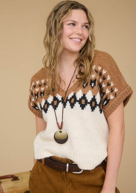 Fair Isle V Neck Short Sleeve Knit Sweater