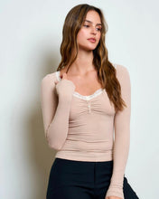 Contrast Lace Trim Long Sleeve Henley Knit Top