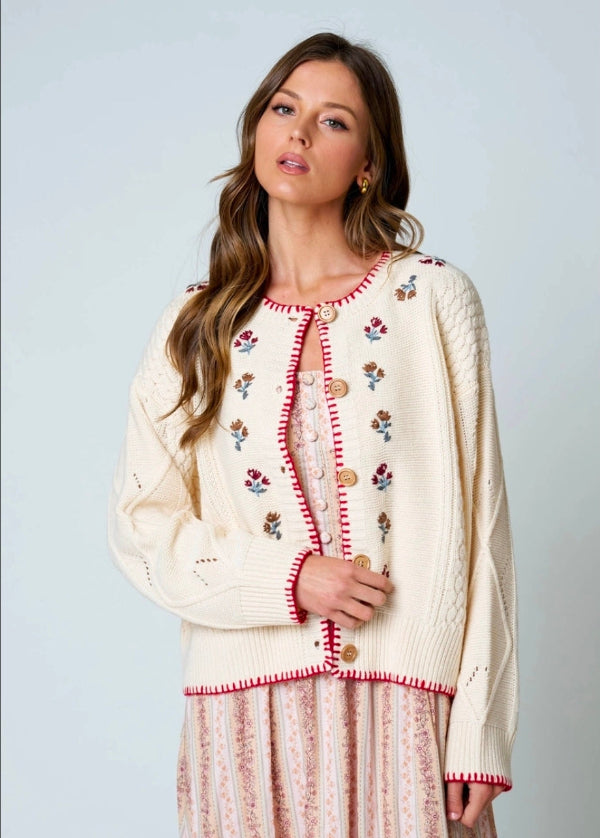 Floral Embroidery Contrast Stitch Knit Cardigan
