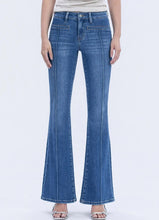 MID RISE WELT POCKET PIN TUCK FLARE JEANS