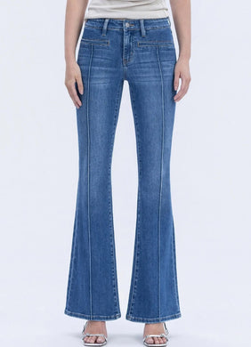 MID RISE WELT POCKET PIN TUCK FLARE JEANS