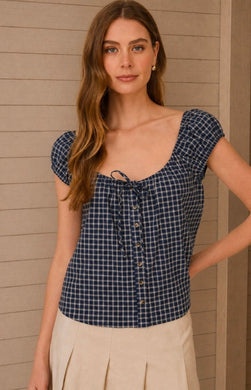 Plaid Front Tie Button Down Short Sleeve Top