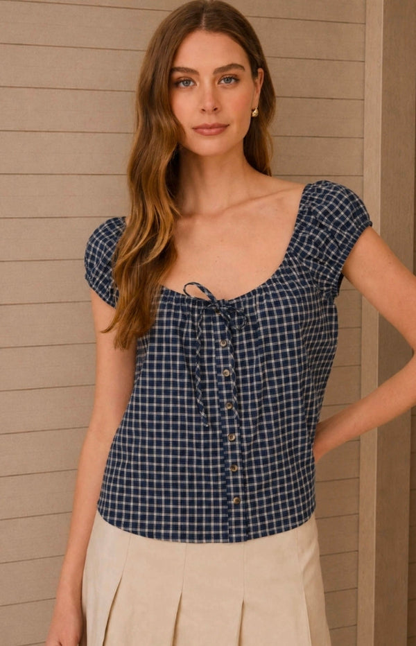 Plaid Front Tie Button Down Short Sleeve Top