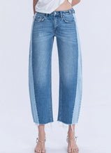 High Rise Two Tone Barrel Leg Jeans