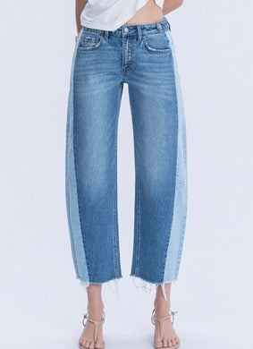 High Rise Two Tone Barrel Leg Jeans