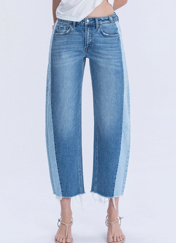 High Rise Two Tone Barrel Leg Jeans