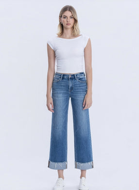 HIGH RISE RAW CUFFED HEM SLIM WIDE JEANS