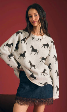 Horse Jacquard Raw Edge Sweater
