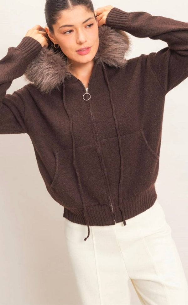 Detachable Faux Fur Trim Zip-Up Hoodie