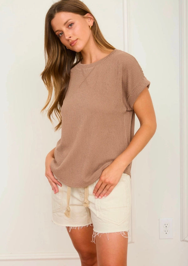 Ribbed Crew Neck Short Cuff Sleeve Knit Top