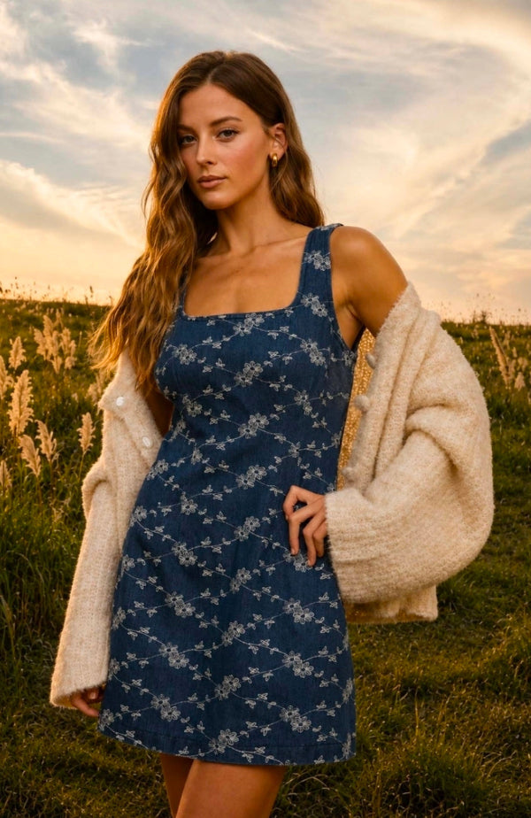 Floral Embroidery Denim Mini Dress