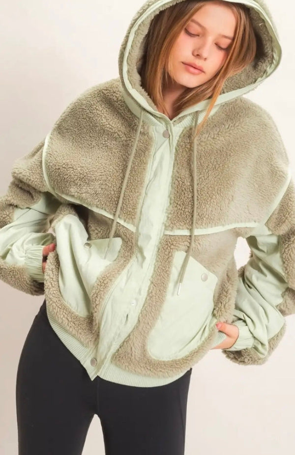 Contrast Panel Sherpa Hooded Jacket