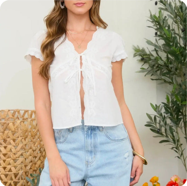 SCALLOPED EMBROIDERED FRONT TIE LACE TRIM TOP