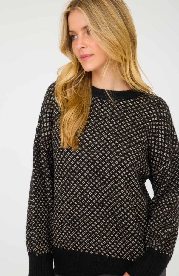 Mini Jacquard Crew Neck Long Sleeve Knit Sweater