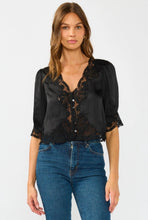 V-Neck Button Front Blouse with Lace Trim