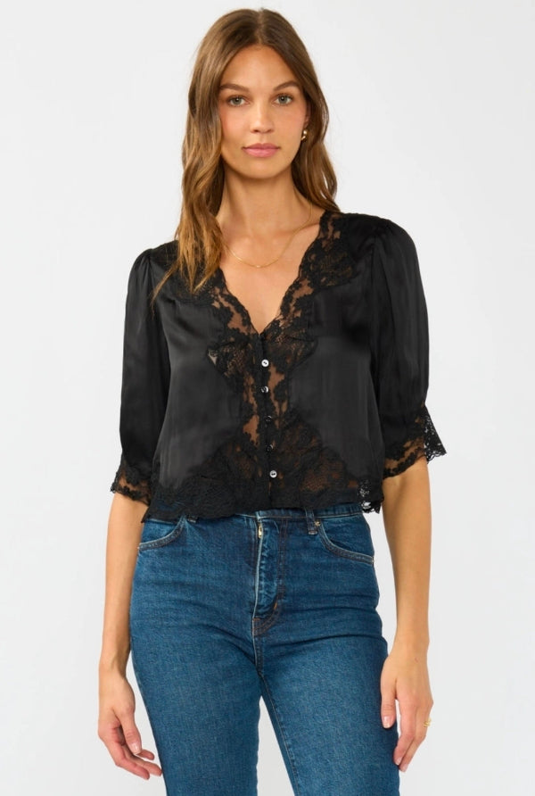 V-Neck Button Front Blouse with Lace Trim