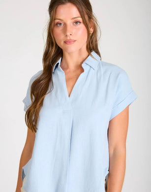 COLLARED SPLIT NECK CUFF SLEEVE U HEM LINEN TOP
