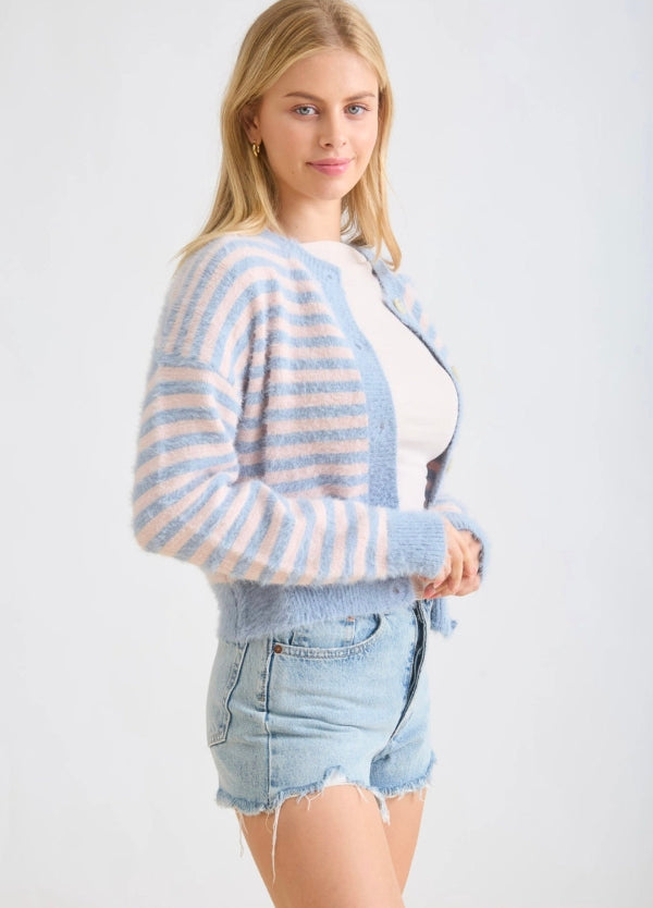 Stripe Round Neck Button Down Fuzzy Knit Cardigan