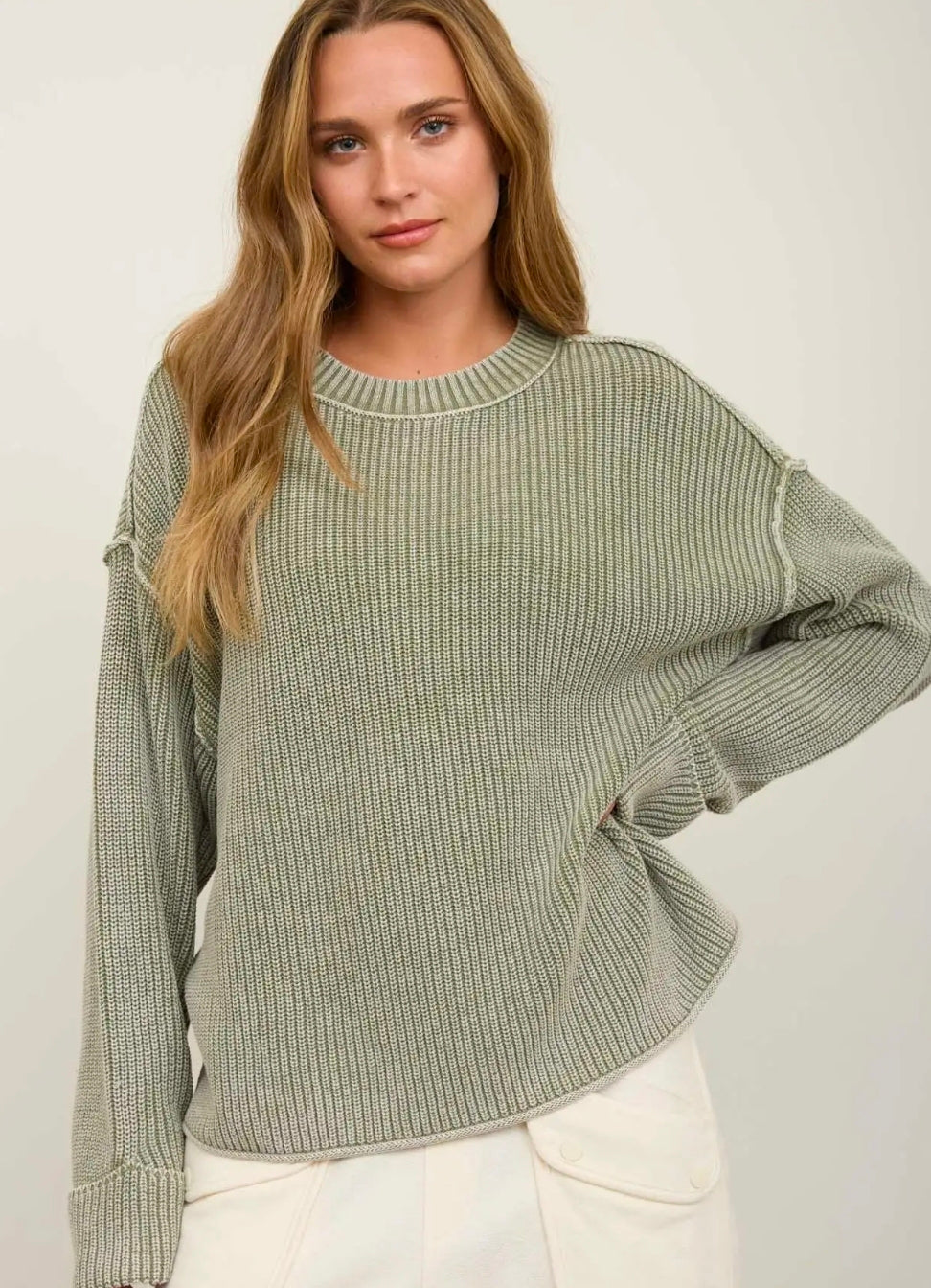 WASHED RIBBED LONG SLEEVE FOLDED CUFF KNIT SWEATER