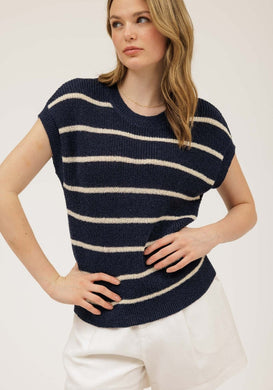 Stripe Extended Shoulder Short Sleeve Knit Sweater
