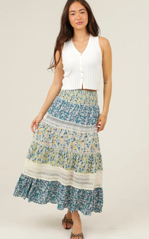 Tiered Lace Trim Smocked Waist Maxi Skirt
