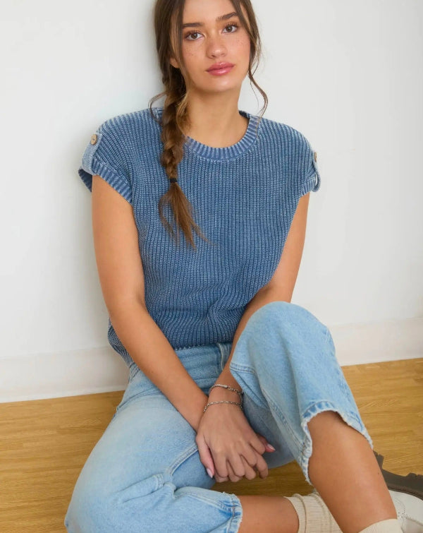 Acid Washed Tab Sleeve Back Button Knit Top