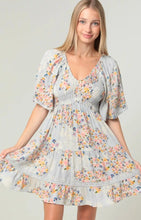 Smocked Bodice V Neck Lace Trim Short Sleeve Dres