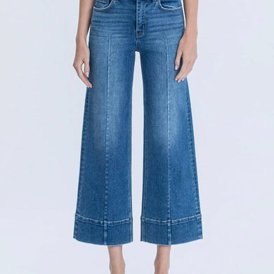 High Rise Trouser Hem Pin Tuck Ankle Wide Jeans
