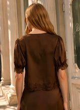 SATIN LACE TRIM V NECK PUFF SLEEVE BLOUSE
