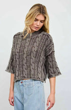 WASHED 3/4 SLEEVE TURTLENECK CABLE KNIT PULLOVER