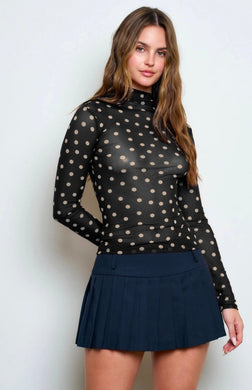Polka Dot Mesh Mock Neck Long Sleeve Knit Top