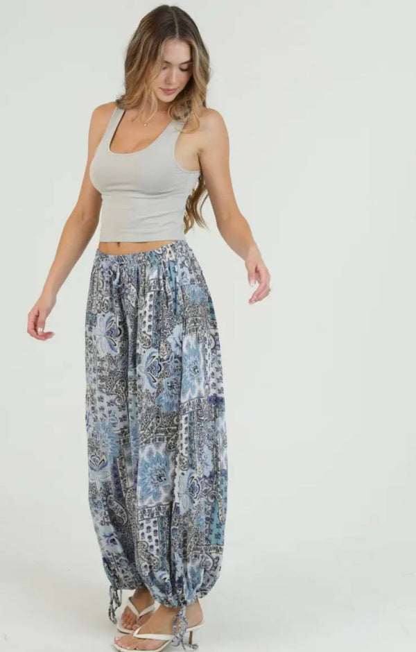 Tied Waistband Wide Leg Floral Print Tie Pant