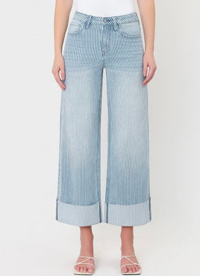 HIGH RISE CUFFED STRIPED CROP WIDE JEANS