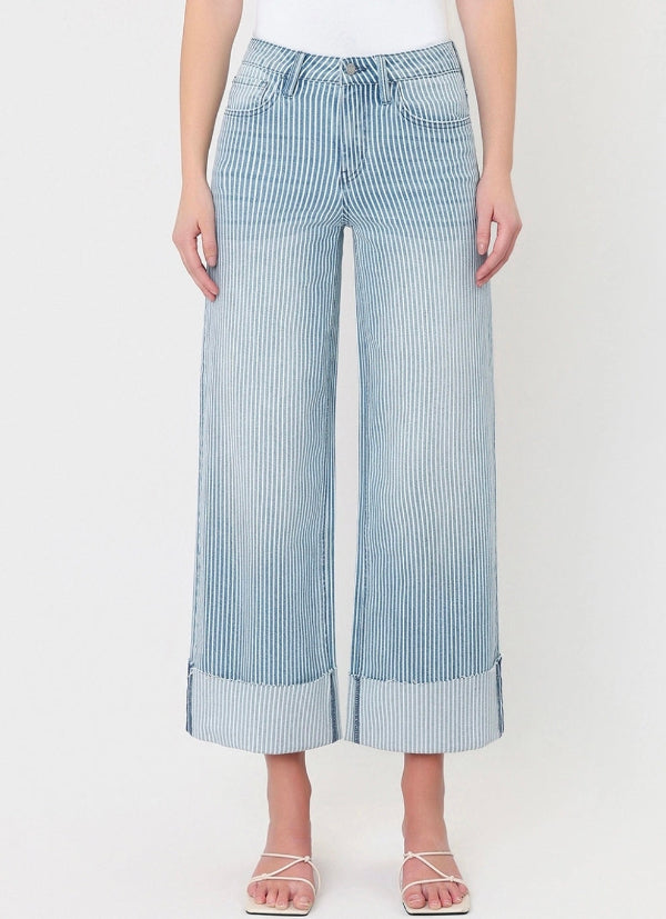 HIGH RISE CUFFED STRIPED CROP WIDE JEANS