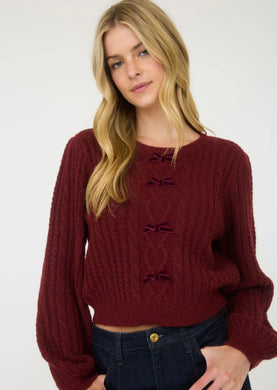 CABLE KNIT FRONT VELVET BOW DETAIL KNIT SWEATER - BURGUNDY