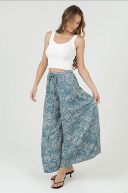 Printed Wide Leg Pants with Elastic Drawstring Waist