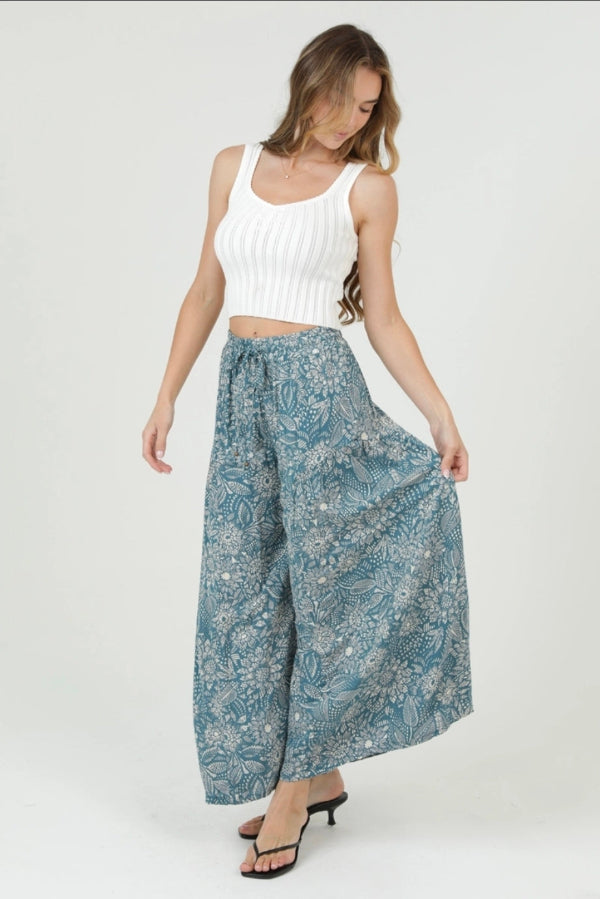 Printed Wide Leg Pants with Elastic Drawstring Waist