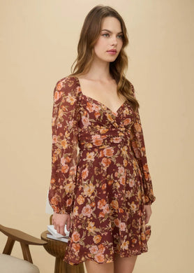 FLORAL SWEETHEART LONG SLEEVE BACK TIE MINI DRESS