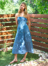 Strapless Shirred Tiered Denim Midi Sundress