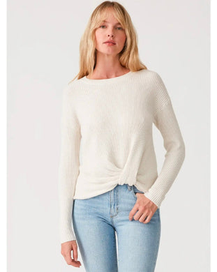 Waffle Knit Crew Neck Front Knot Pullover Sweater